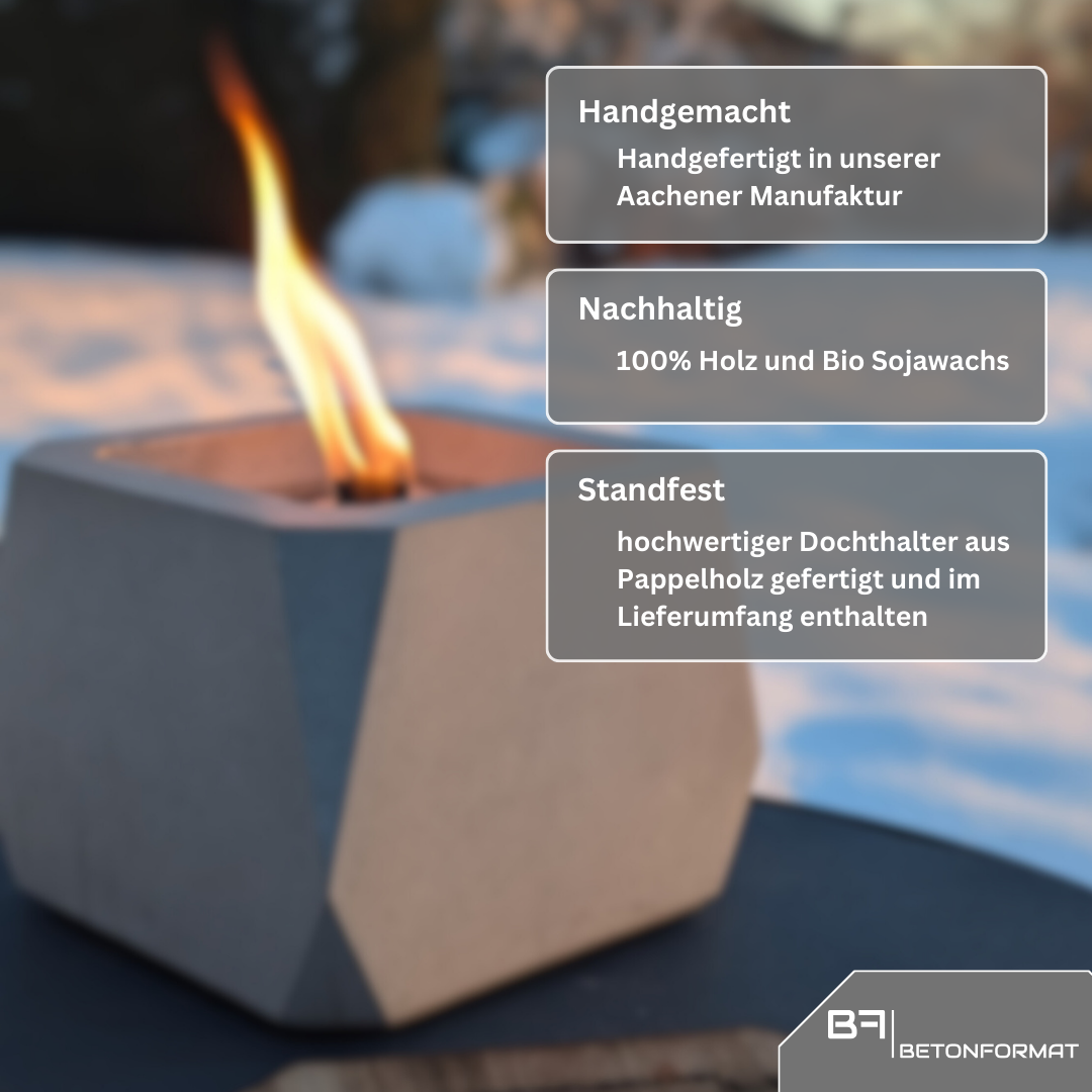 Infografik zu den Vorteilen der Dauerdochte: handgemacht in Aachen, nachhaltiges Holz und Bio-Pflanzenwachs, stabiler Stand durch Pappelholzhalter