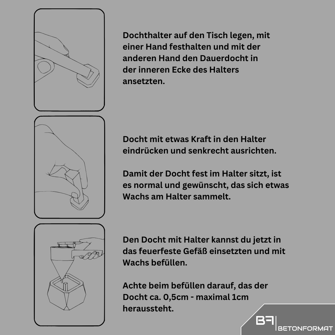 Anleitung in drei Schritten: Docht am Pappelholzhalter ansetzen, eindruecken, Gefaess mit Wachs befuellen