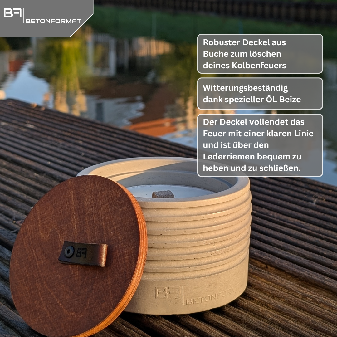 Kolbenfeuer aus Beton mit Deckel als Schutz vor Regen und Wind